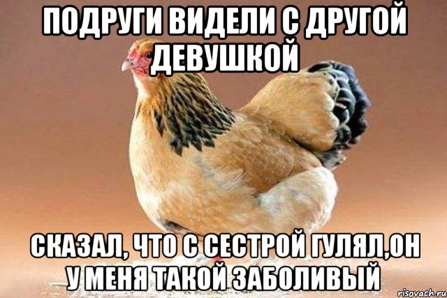 подруги видели с другой девушкой сказал, что с сестрой гулял,он у меня такой заболивый, Мем наивная курица