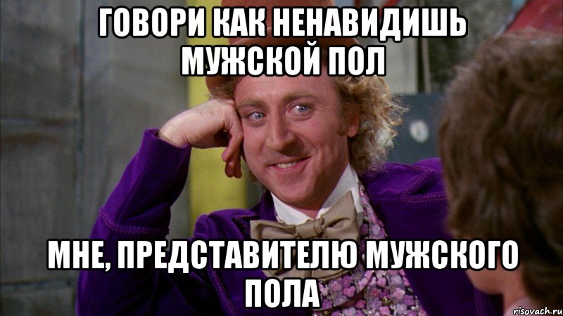 говори как ненавидишь мужской пол МНЕ, представителю мужского пола, Мем Ну давай расскажи (Вилли Вонка)