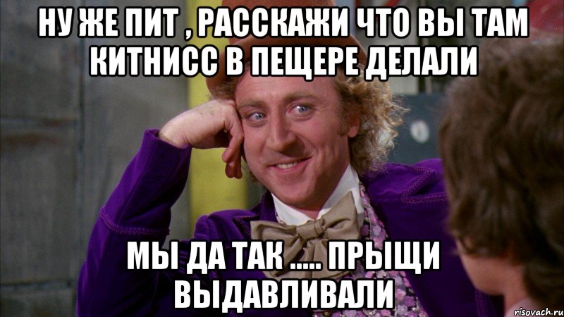 Ну же пит , расскажи что вы там Китнисс в пещере делали Мы да так ..... Прыщи выдавливали, Мем Ну давай расскажи (Вилли Вонка)