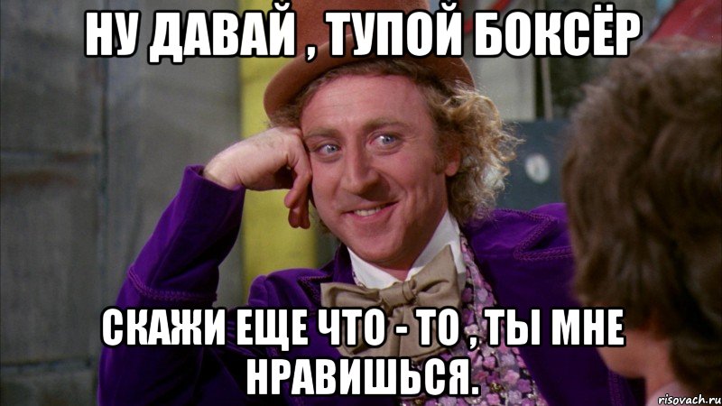 Ну давай , Тупой боксёр Скажи еще что - то , ты мне нравишься., Мем Ну давай расскажи (Вилли Вонка)