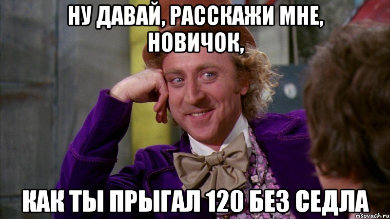 Ну давай, расскажи мне, новичок, как ты прыгал 120 без седла, Мем Ну давай расскажи (Вилли Вонка)