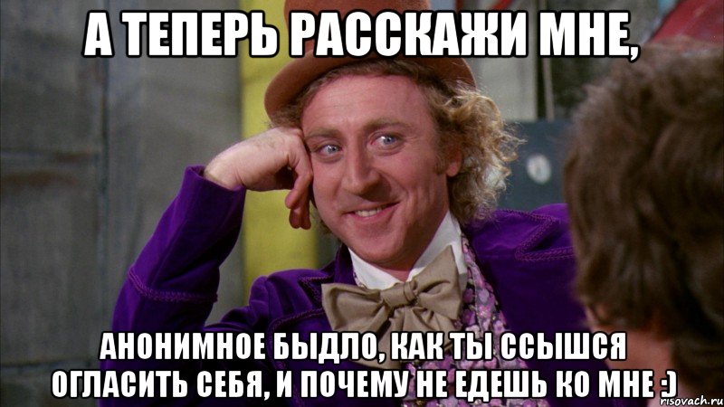 А теперь расскажи мне, анонимное быдло, как ты ссышся огласить себя, и почему не едешь ко мне :), Мем Ну давай расскажи (Вилли Вонка)