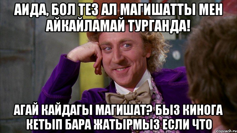 Аида, бол тез ал Магишатты мен айкайламай турганда! Агай кайдагы Магишат? быз кинога кетып бара жатырмыз если что, Мем Ну давай расскажи (Вилли Вонка)