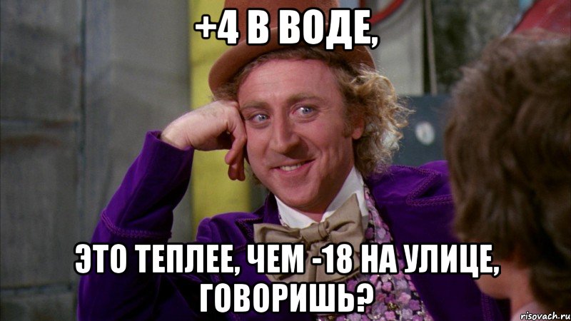 +4 в воде, это теплее, чем -18 на улице, говоришь?, Мем Ну давай расскажи (Вилли Вонка)