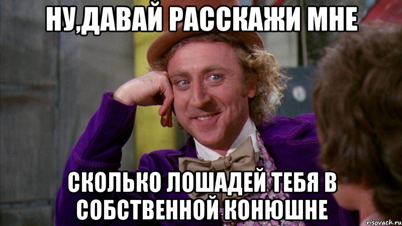 Ну,давай расскажи мне сколько лошадей тебя в собственной конюшне, Мем Ну давай расскажи (Вилли Вонка)