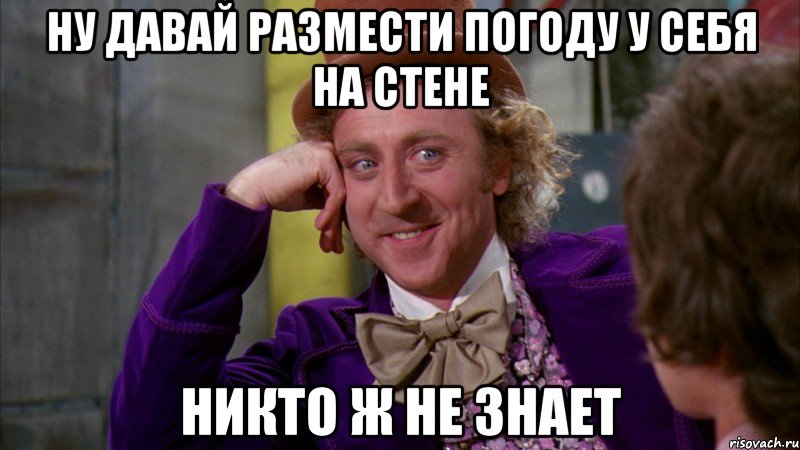 НУ ДАВАЙ РАЗМЕСТИ ПОГОДУ У СЕБЯ НА СТЕНЕ НИКТО Ж НЕ ЗНАЕТ, Мем Ну давай расскажи (Вилли Вонка)