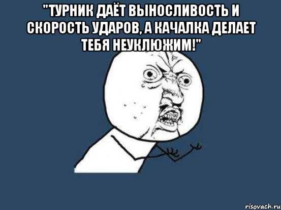 "Турник даёт выносливость и скорость ударов, а качалка делает тебя неуклюжим!" , Мем Ну почему