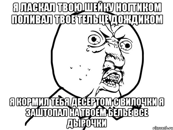 Я ласкал твою шейку ногтиком Поливал твое тельце дождиком Я кормил тебя десертом с вилочки Я заштопал на твоем белье все дырочки, Мем Ну почему (белый фон)