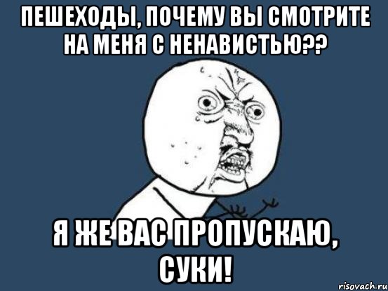 Пешеходы, почему вы смотрите на меня с ненавистью?? Я же вас пропускаю, суки!, Мем Ну почему