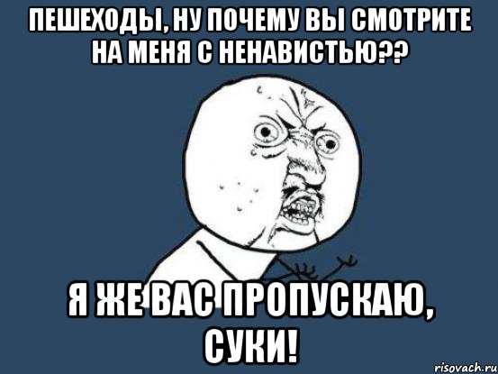 Пешеходы, ну почему вы смотрите на меня с ненавистью?? Я же вас пропускаю, суки!, Мем Ну почему