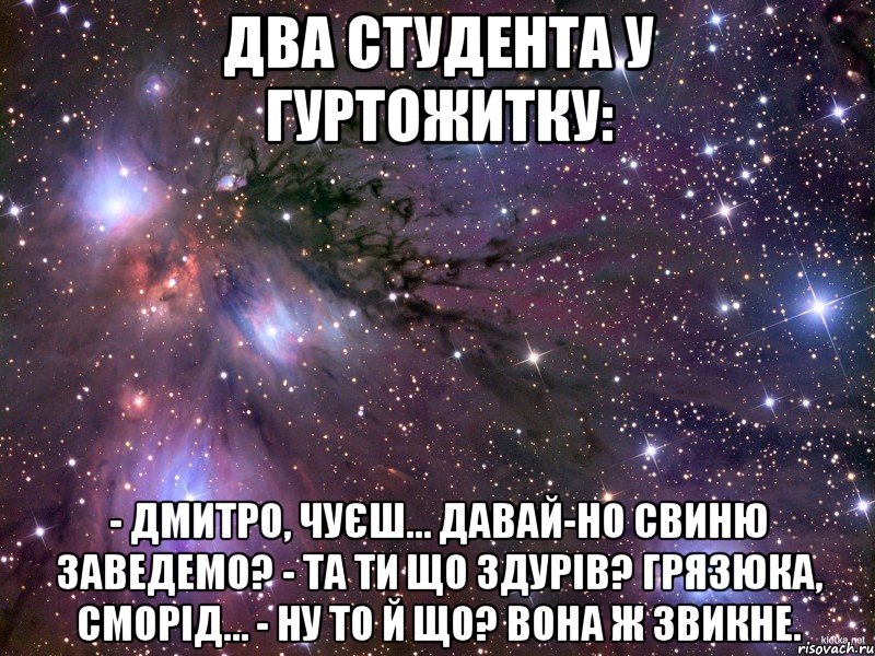 Два студента у гуртожитку: - Дмитро, чуєш… Давай-но свиню заведемо? - Та ти що здурів? Грязюка, сморід… - Ну то й що? Вона ж звикне., Мем Космос