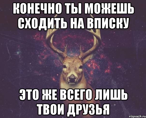 Конечно ты можешь сходить на вписку Это же всего лишь твои друзья, Мем  олень наивный