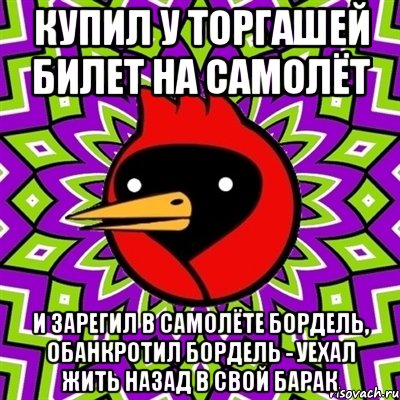 купил у торгашей билет на самолёт и зарегил в самолёте бордель, обанкротил бордель - уехал жить назад в свой барак, Мем Омская птица