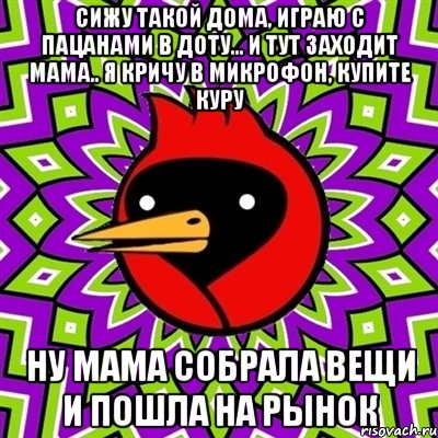 сижу такой дома, играю с пацанами в доту... и тут заходит мама.. я кричу в микрофон, купите куру ну мама собрала вещи и пошла на рынок, Мем Омская птица