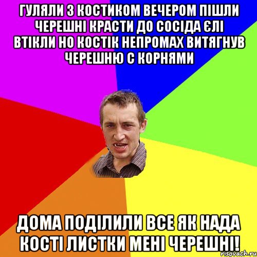 гуляли з Костиком Вечером пішли черешні красти до сосіда єлі втікли но Костік непромах витягнув черешню с корнями дома поділили все як нада кості листки мені черешні!, Мем Чоткий паца