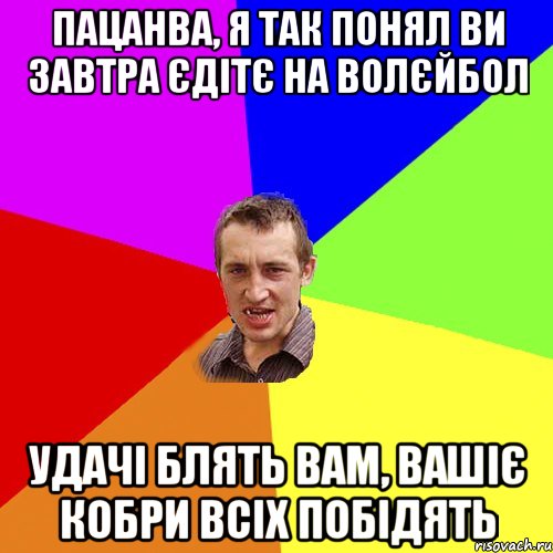 Пацанва, я так понял ви завтра єдітє на Волєйбол Удачі блять Вам, вашіє кобри всіх побідять, Мем Чоткий паца