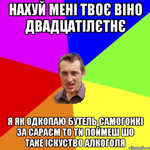 Нахуй мені твоє віно двадцатілєтнє я як одкопаю бутель самогонкі за сараєм то ти поймеш шо таке іскуство алкоголя, Мем Чоткий паца