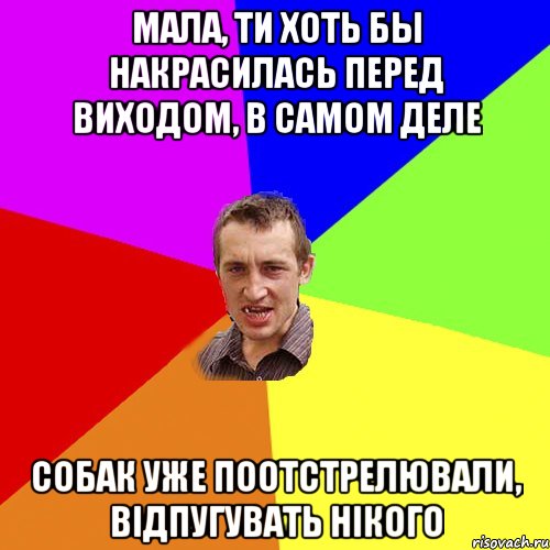 мала, ти хоть бы накрасилась перед виходом, в самом деле собак уже поотстрелювали, відпугувать нікого, Мем Чоткий паца