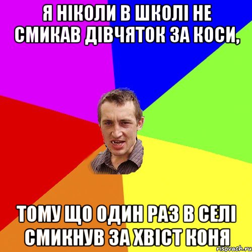 я ніколи в школі не смикав дівчяток за коси, тому що один раз в селі смикнув за хвіст коня, Мем Чоткий паца