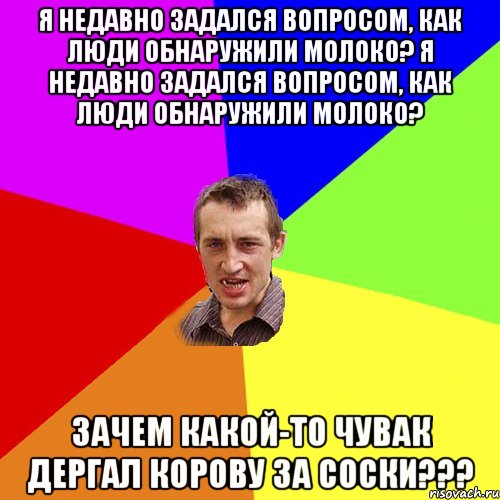 Я недавно задался вопросом, как люди обнаружили молоко? Я недавно задался вопросом, как люди обнаружили молоко? ЗАЧЕМ КАКОЙ-ТО ЧУВАК ДЕРГАЛ КОРОВУ ЗА СОСКИ???, Мем Чоткий паца