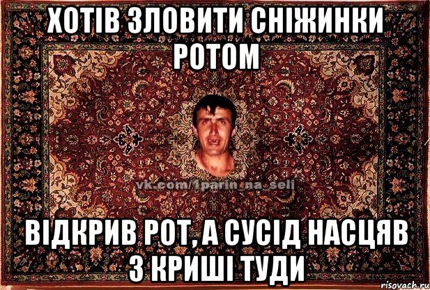 Хотів зловити сніжинки ротом Відкрив рот, а сусід насцяв з криші туди, Мем Парнь на сел