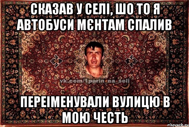 сказав у селі, шо то я автобуси мєнтам спалив переіменували вулицю в мою честь, Мем Парнь на сел