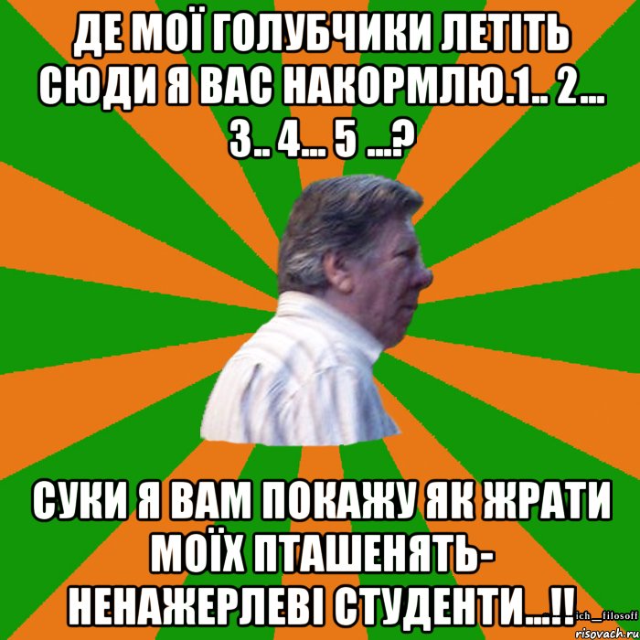 Де мої голубчики летіть сюди я вас накормлю.1.. 2... 3.. 4... 5 ...? Суки я вам покажу як жрати моїх пташенять- ненажерлеві студенти...!!