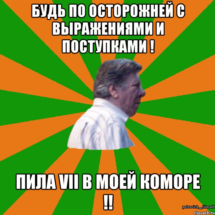 будь по осторожней с выражениями и поступками ! пила VII в моей коморе !!