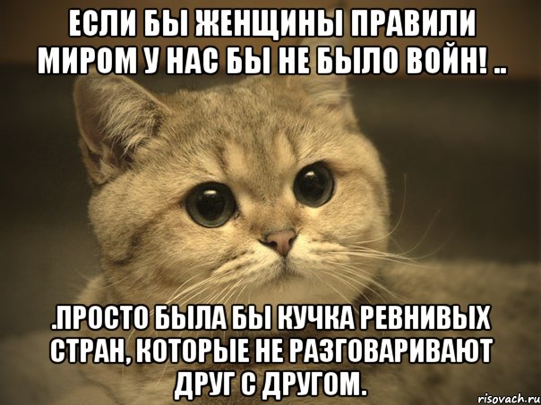 Если бы женщины правили миром у нас бы не было войн! .. .Просто была бы кучка ревнивых стран, которые не разговаривают друг с другом., Мем Пидрила ебаная котик