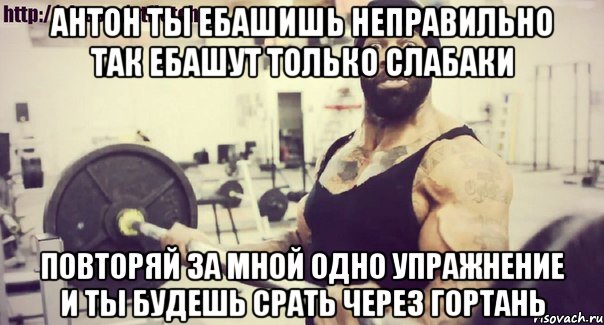 антон ты ебашишь неправильно так ебашут только слабаки повторяй за мной одно упражнение и ты будешь срать через гортань
