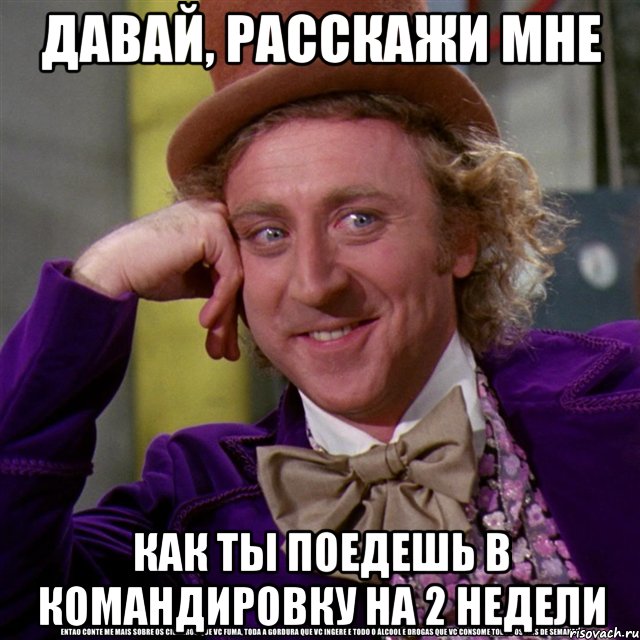 ДАВАЙ, РАССКАЖИ МНЕ КАК ТЫ ПОЕДЕШЬ В КОМАНДИРОВКУ НА 2 НЕДЕЛИ, Мем Ну давай расскажи (Вилли Вонка)