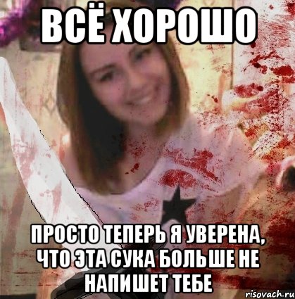 ВСЁ ХОРОШО ПРОСТО ТЕПЕРЬ Я УВЕРЕНА, ЧТО ЭТА СУКА БОЛЬШЕ НЕ НАПИШЕТ ТЕБЕ