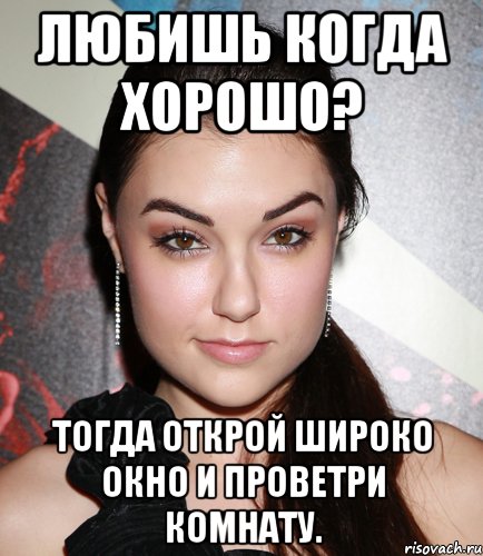 Любишь когда хорошо? Тогда открой широко окно и проветри комнату., Мем  Саша Грей улыбается