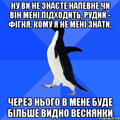 ну ви не знаєте напевне чи він мені підходить, рудий - фігня, кому я не мені знати, через нього в мене буде більше видно веснянки, Мем  Социально-неуклюжий пингвин