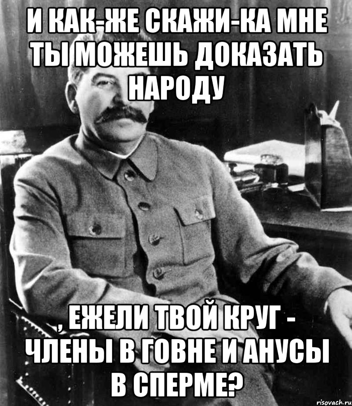 И как-же скажи-ка мне ты можешь доказать народу , ежели твой круг - члены в говне и анусы в сперме?, Мем  иосиф сталин