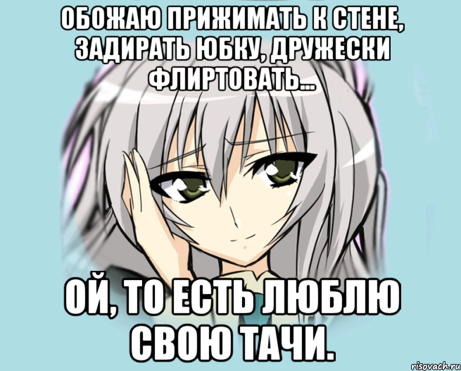 Обожаю прижимать к стене, задирать юбку, дружески флиртовать... Ой, то есть люблю свою Тачи.