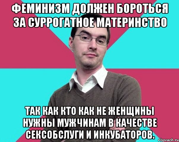 Феминизм должен бороться за суррогатное материнство Так как кто как не женщины нужны мужчинам в качестве сексобслуги и инкубаторов., Мем Типичный антифеминист лжеантисек