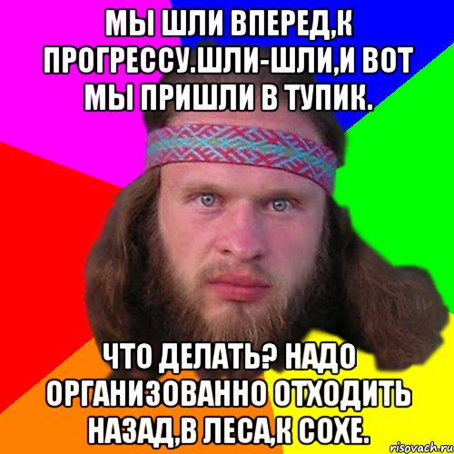 мы шли вперед,к прогрессу.шли-шли,и вот мы пришли в тупик. что делать? надо организованно отходить назад,в леса,к сохе., Мем Типичный долбослав