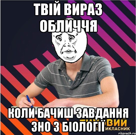 Твій вираз обличчя коли бачиш завдання ЗНО з біології, Мем Типовий одинадцятикласник