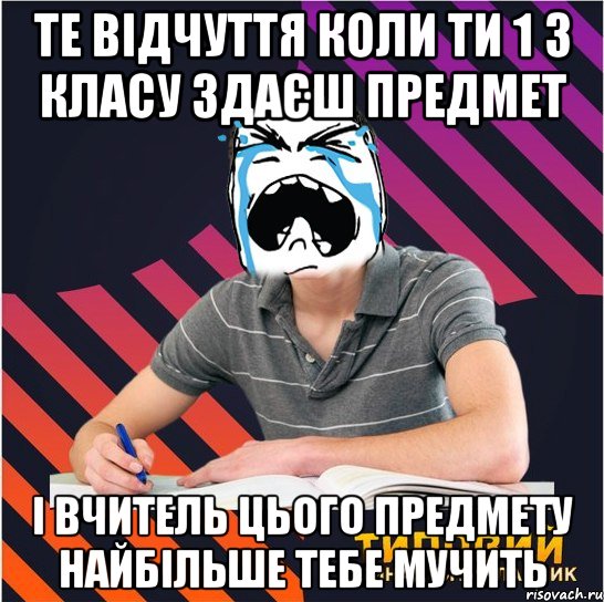 Те відчуття коли ти 1 з класу здаєш предмет і вчитель цього предмету найбільше тебе мучить, Мем Типовий одинадцятикласник