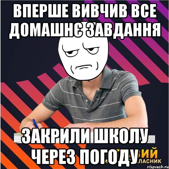 Вперше вивчив ВСЕ домашнє завдання закрили школу через погоду, Мем Типовий одинадцятикласник