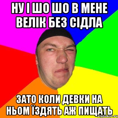 Ну і шо шо в мене велік без сідла зато коли девки на ньом їздять аж пищать