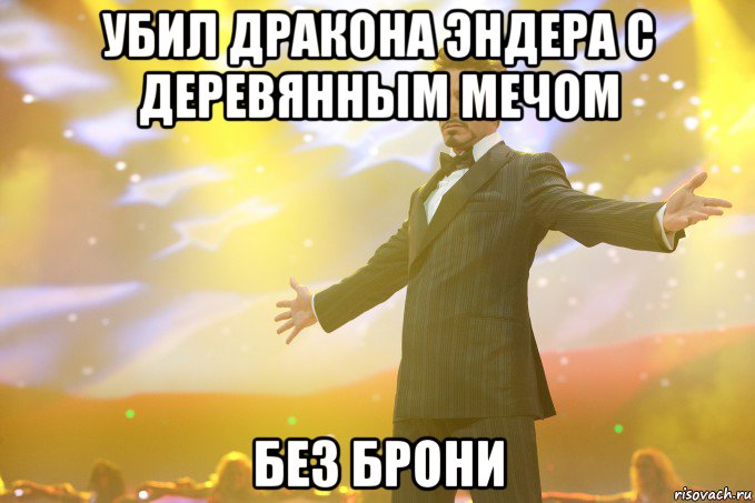 Убил дракона эндера с деревянным мечом Без брони, Мем Тони Старк (Роберт Дауни младший)