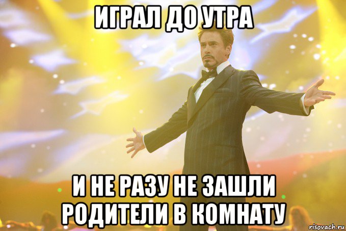 Играл до утра И не разу не зашли родители в комнату, Мем Тони Старк (Роберт Дауни младший)
