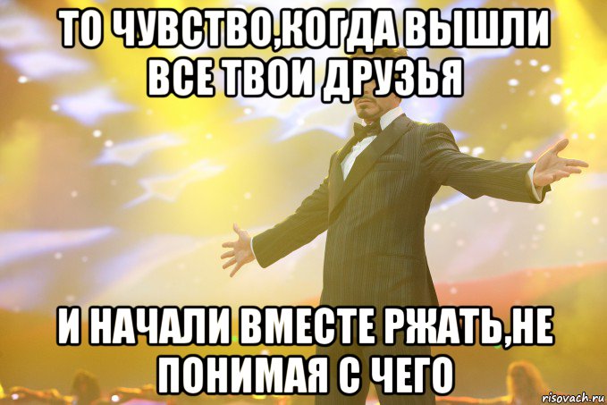 то чувство,когда вышли все твои друзья и начали вместе ржать,не понимая с чего, Мем Тони Старк (Роберт Дауни младший)