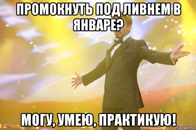 Промокнуть под ливнем в январе? Могу, умею, практикую!, Мем Тони Старк (Роберт Дауни младший)