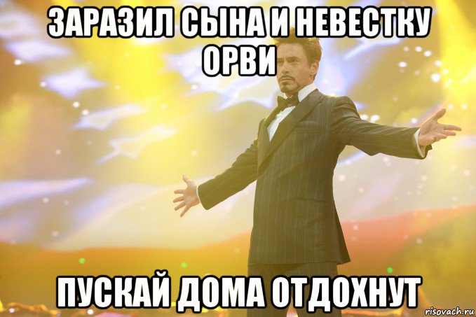 Заразил сына и невестку ОРВИ Пускай дома отдохнут, Мем Тони Старк (Роберт Дауни младший)