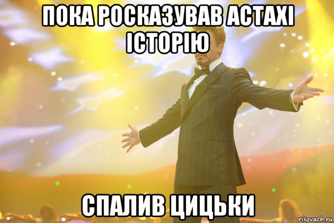 ПОКА РОСКАЗУВАВ АСТАХІ ІСТОРІЮ СПАЛИВ ЦИЦЬКИ, Мем Тони Старк (Роберт Дауни младший)