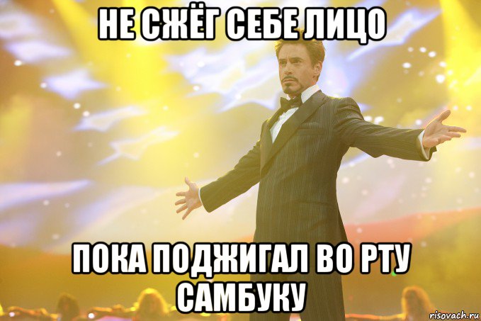 Не сжёг себе лицо Пока поджигал во рту самбуку, Мем Тони Старк (Роберт Дауни младший)