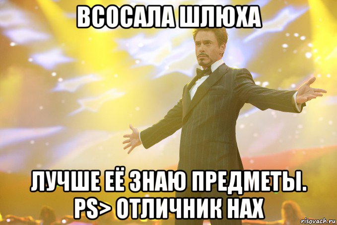 Всосала шлюха Лучше её знаю предметы. PS> Отличник нах, Мем Тони Старк (Роберт Дауни младший)